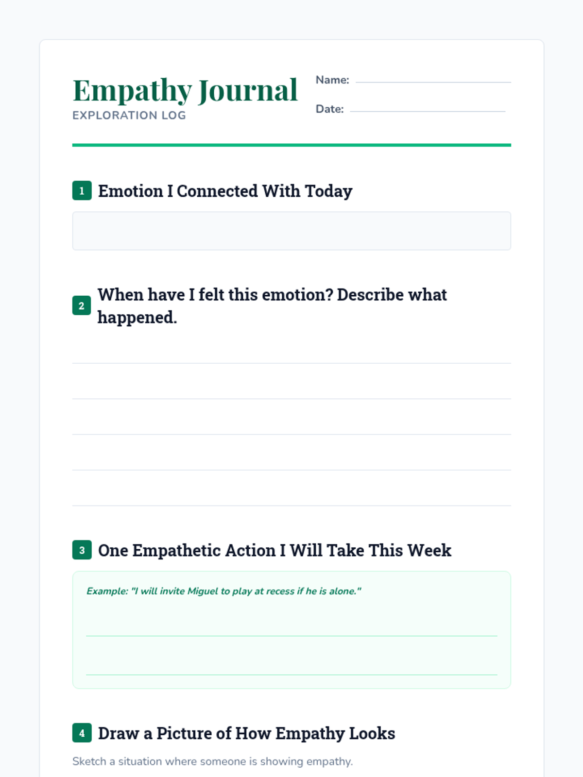 Empathy Journal Template Worksheet • Material • Lenny Learning