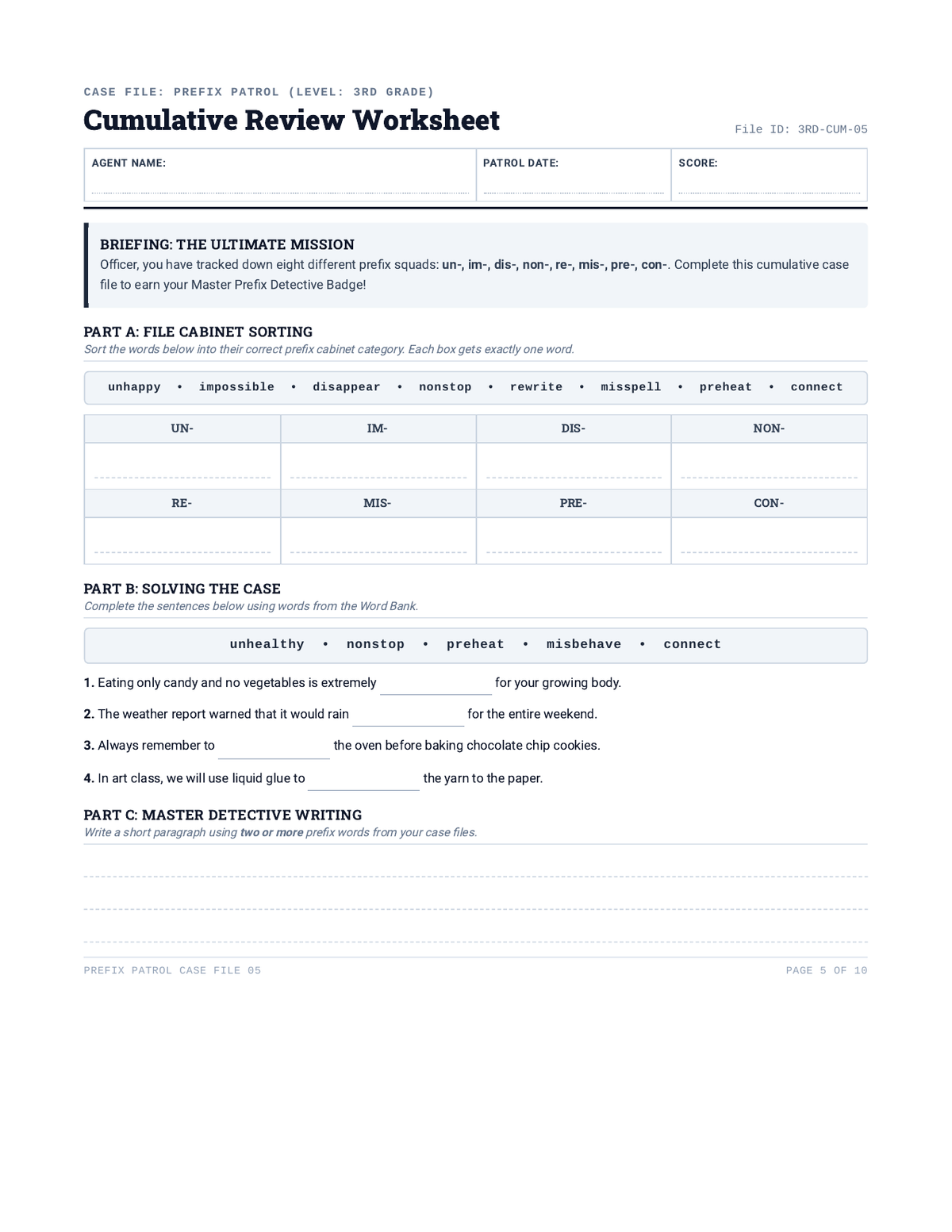 Prefix Patrol Cumulative Review Worksheet page 1