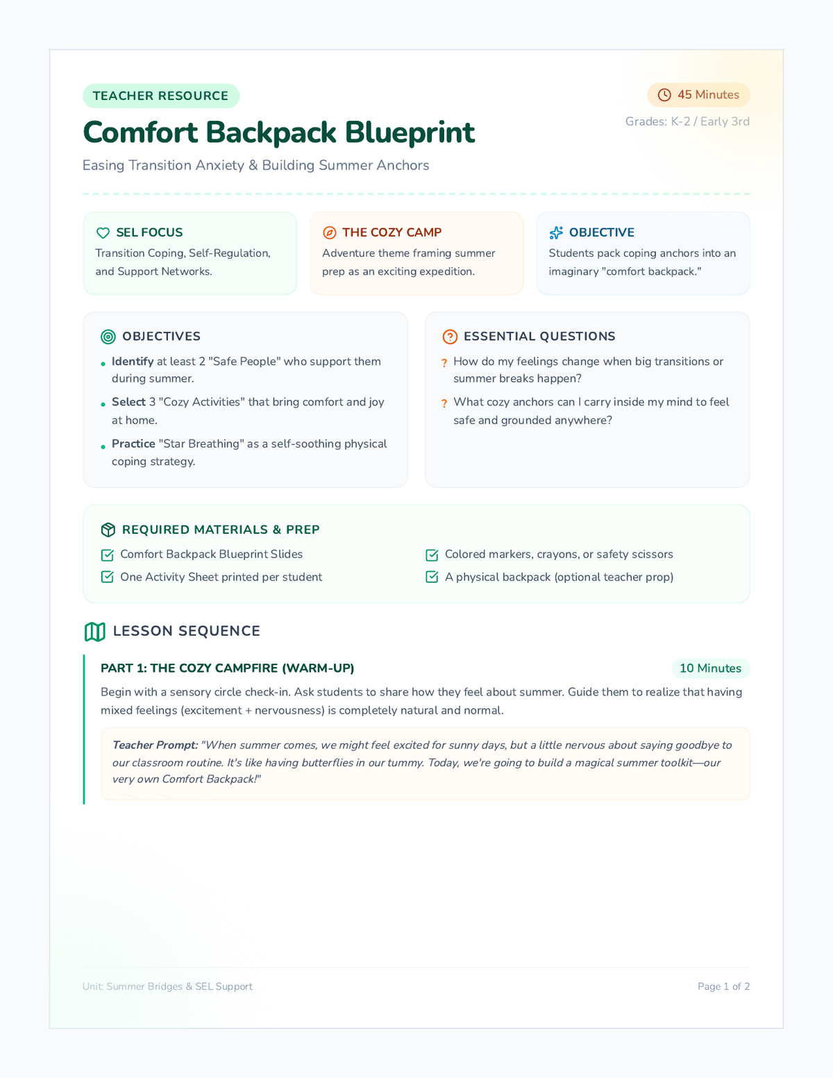 Backpack Blueprint Lesson Plan page 1