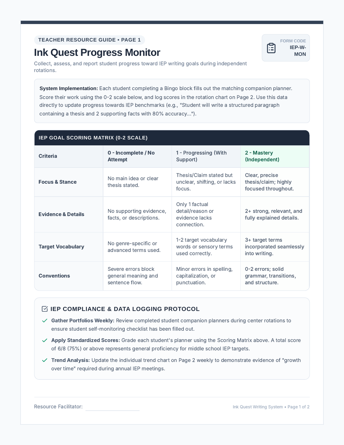 Writing Center Teacher Tracker page 1