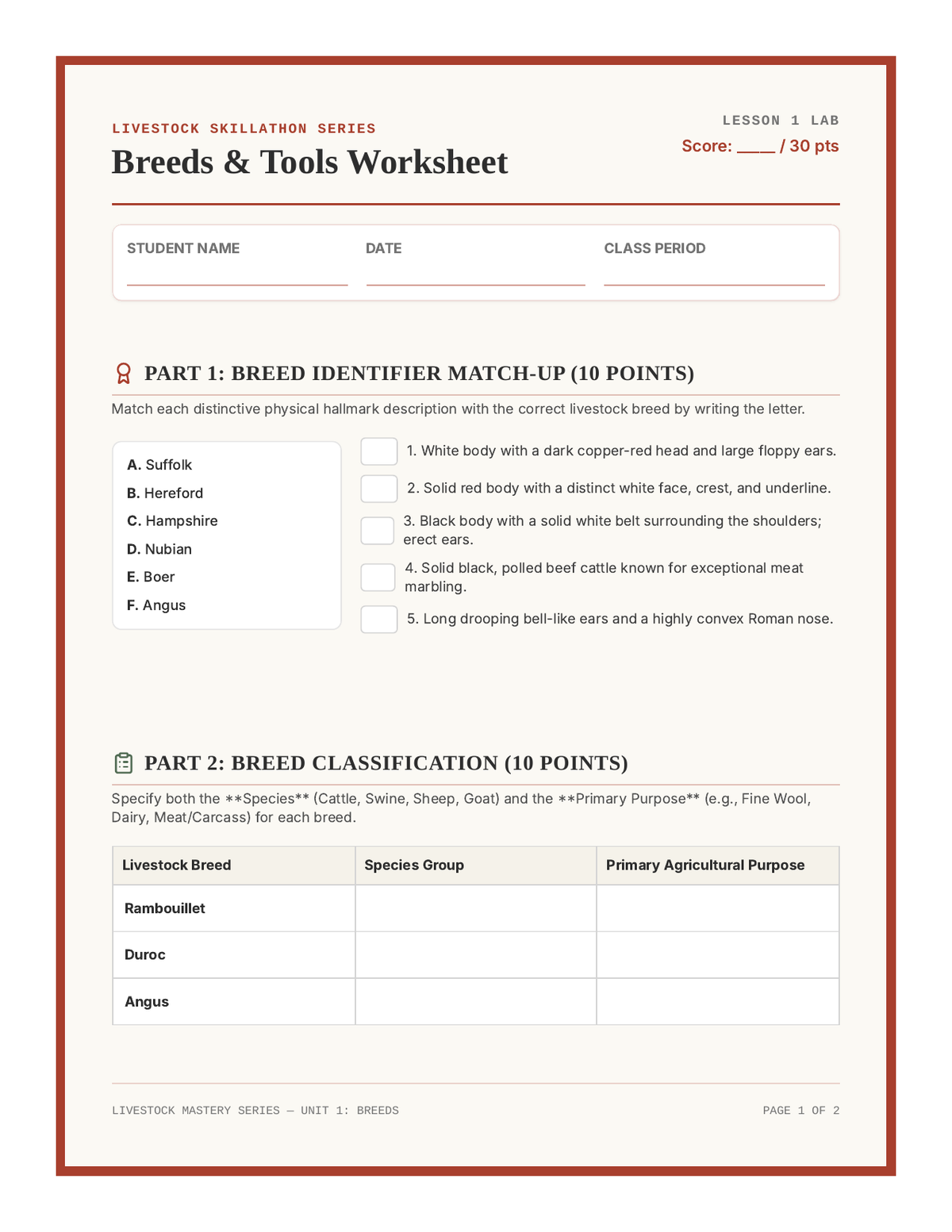 Breeds and Tools Worksheet page 1