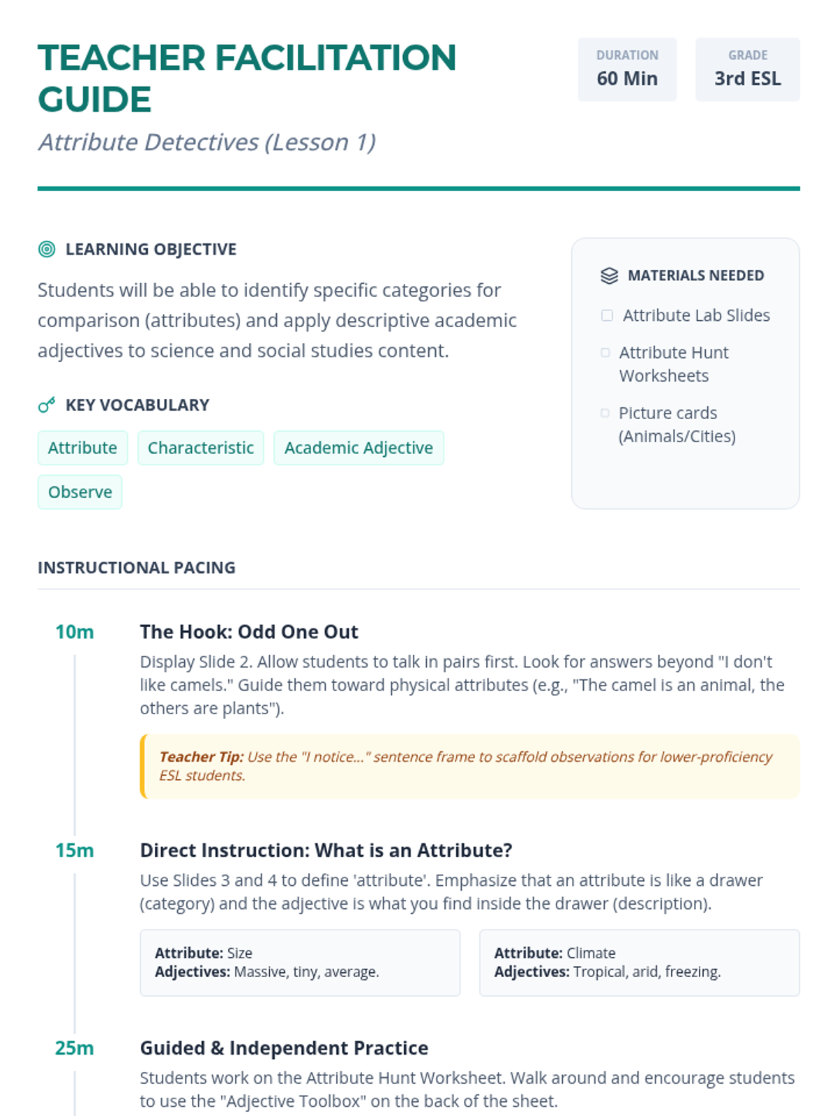 Attribute Detective Teacher Guide