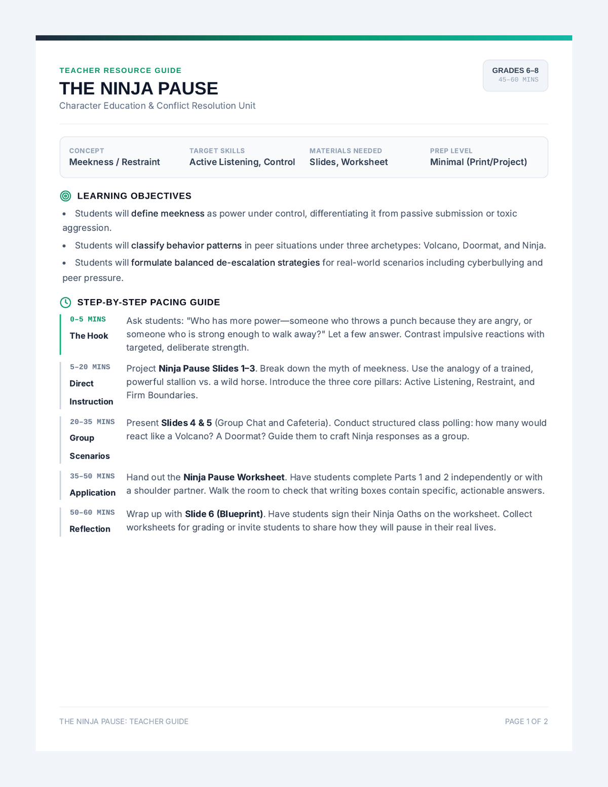 Ninja Pause Teacher Guide page 1