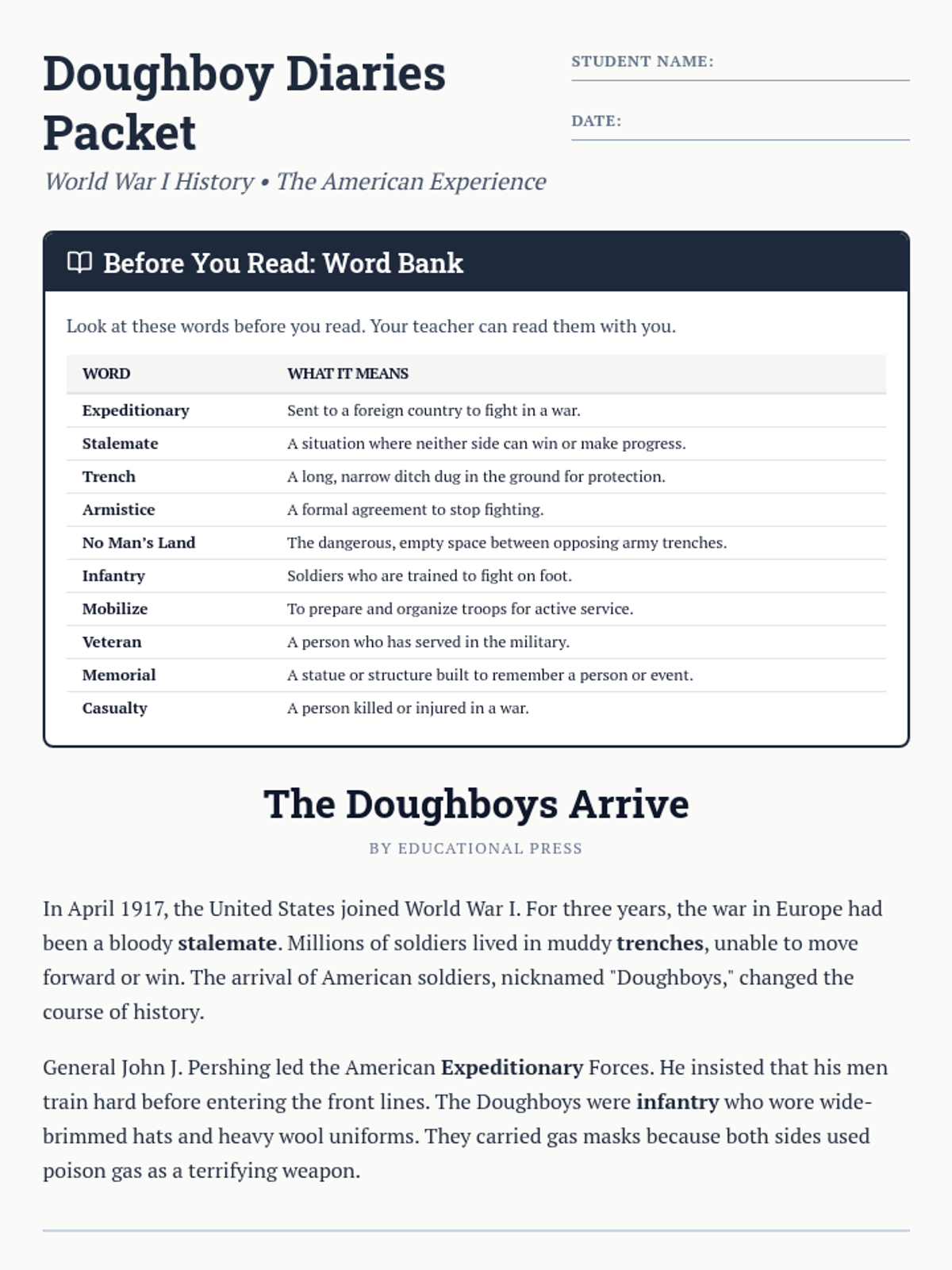 Doughboy Diaries Worksheet