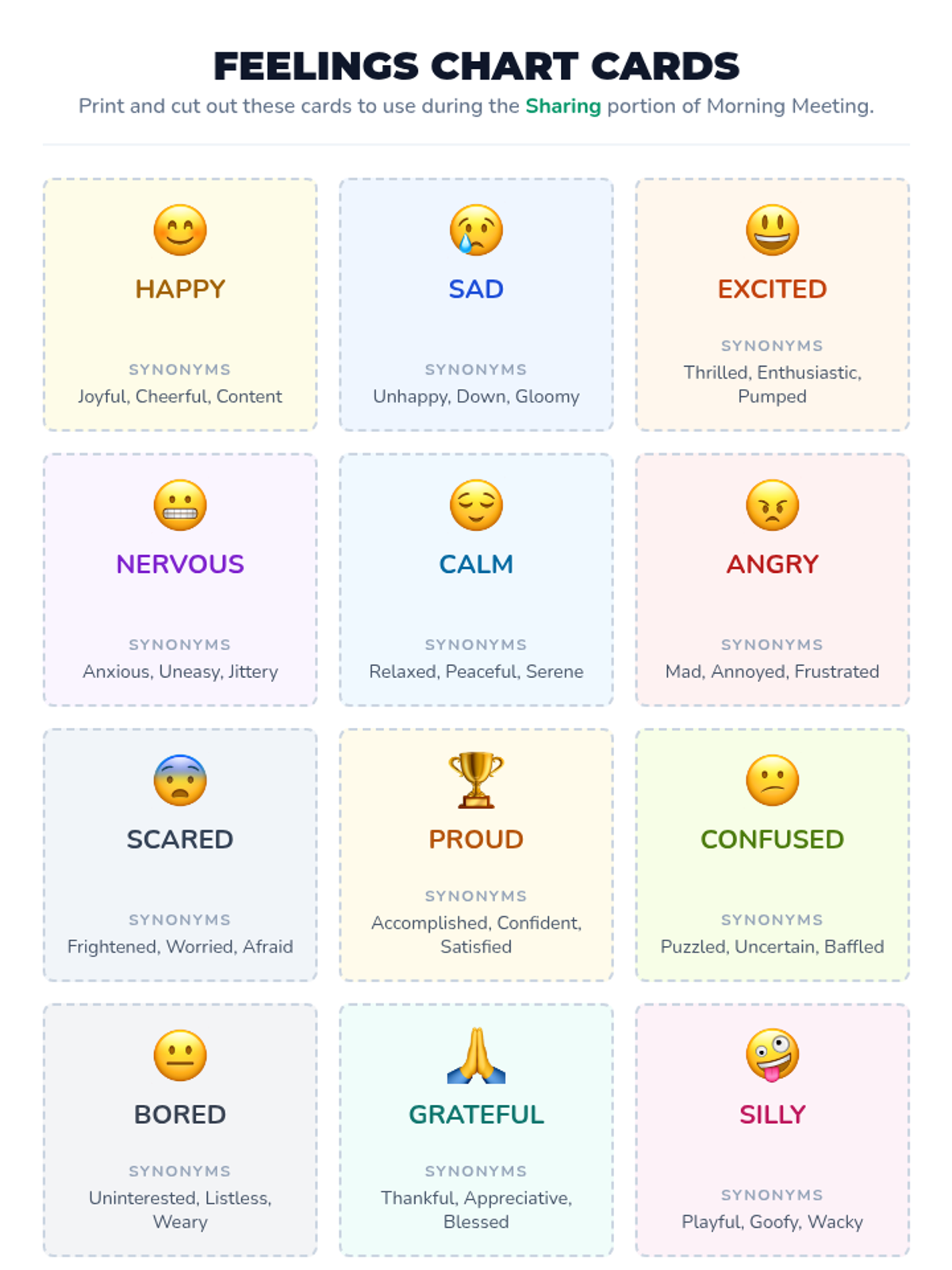 Feelings Chart Cards Worksheet • Material • Lenny Learning
