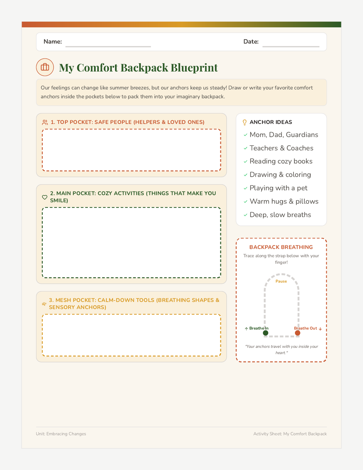 Comfort Backpack Activity Sheet page 1