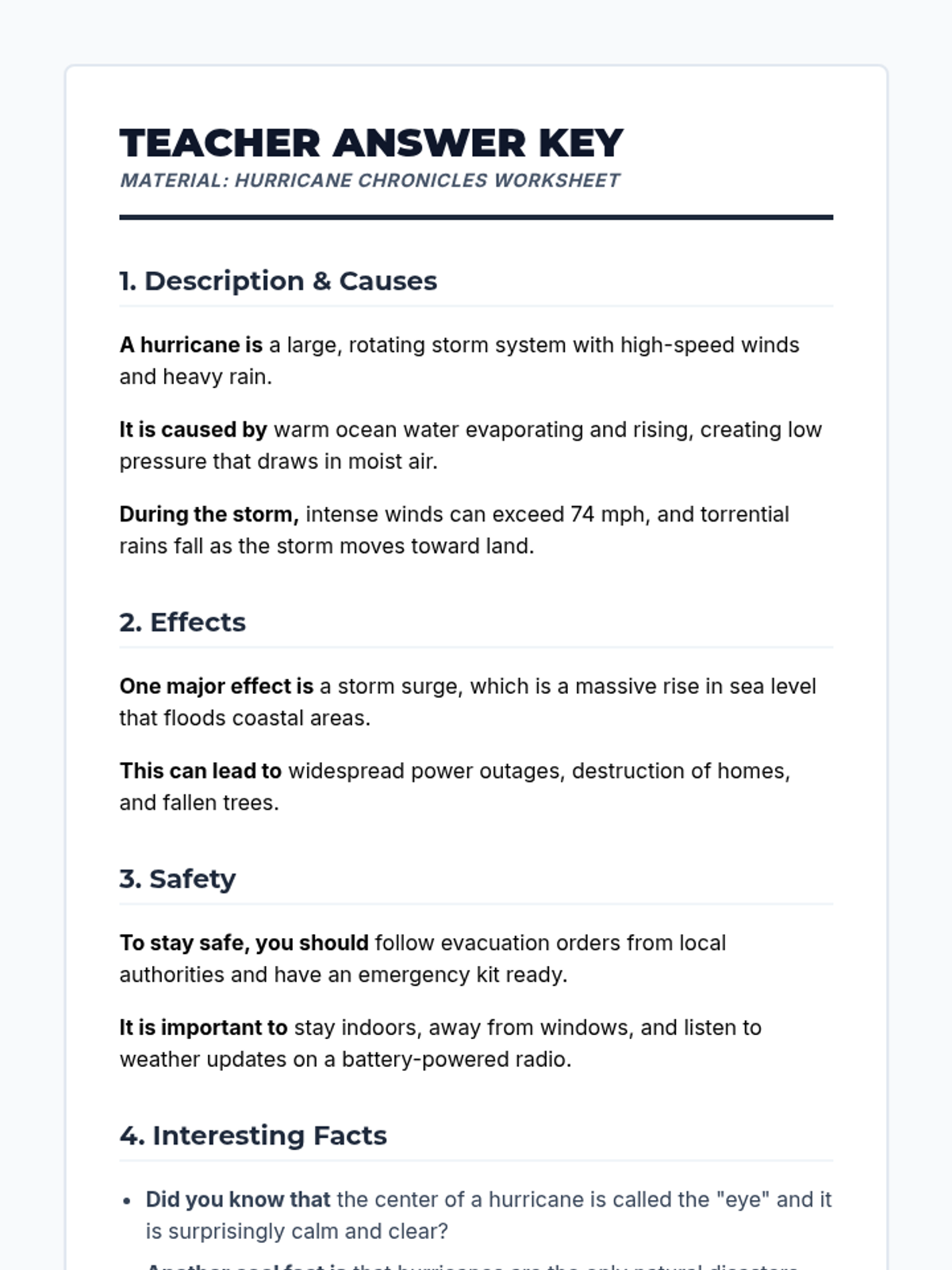 Hurricane Chronicles Answer Key