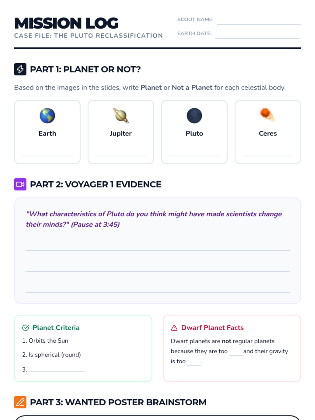 Pluto Mission Log Worksheet • Material • Lenny Learning