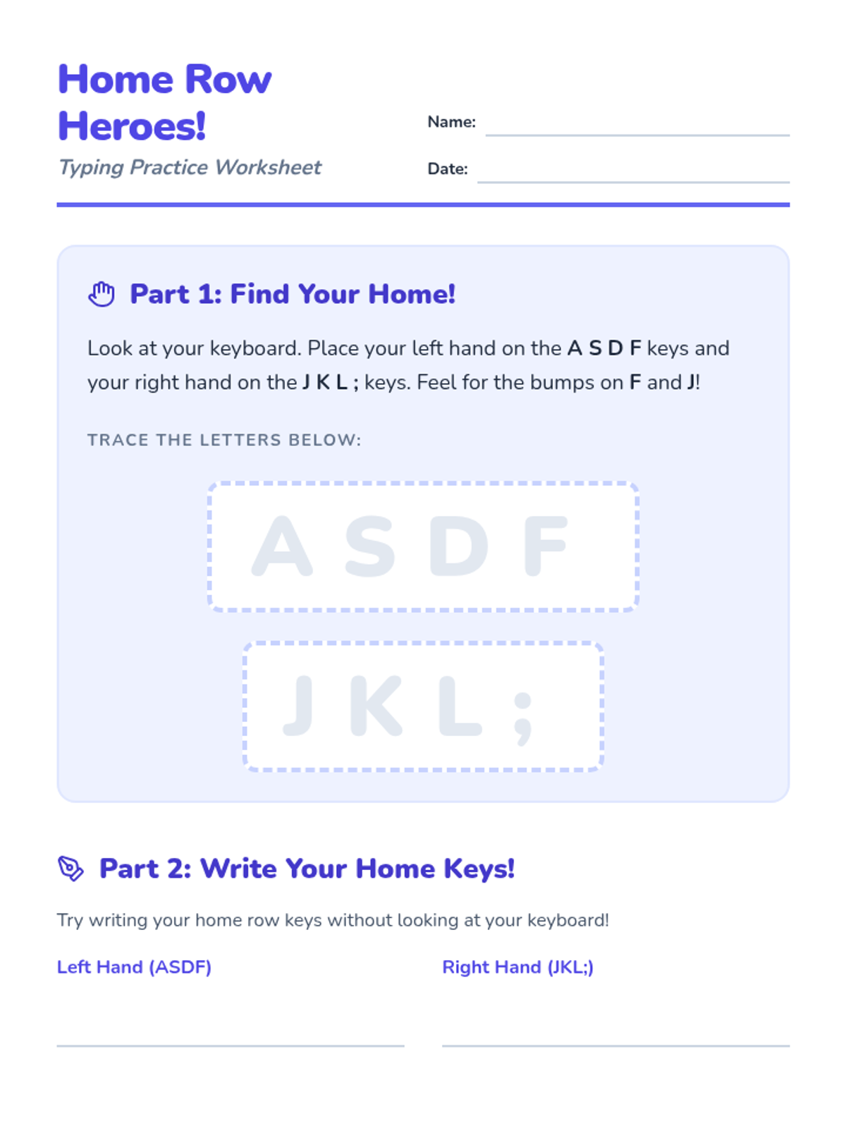 Typing Practice Worksheet Home Row • Material • Lenny Learning