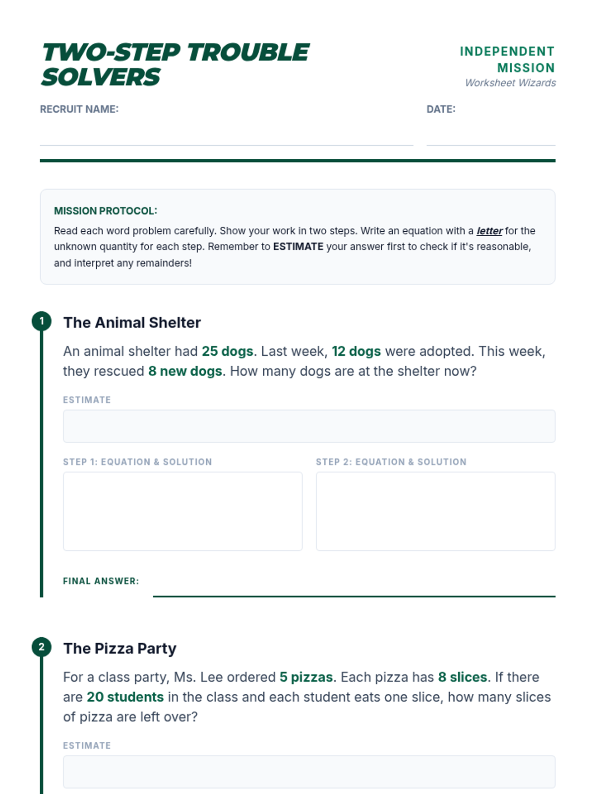 Two-Step Trouble Solvers Worksheet • Material • Lenny Learning