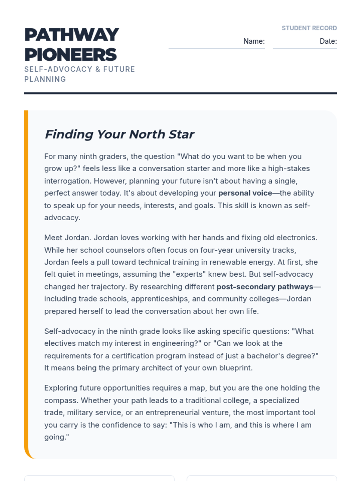 Pathway Pioneers Worksheet • Material • Lenny Learning