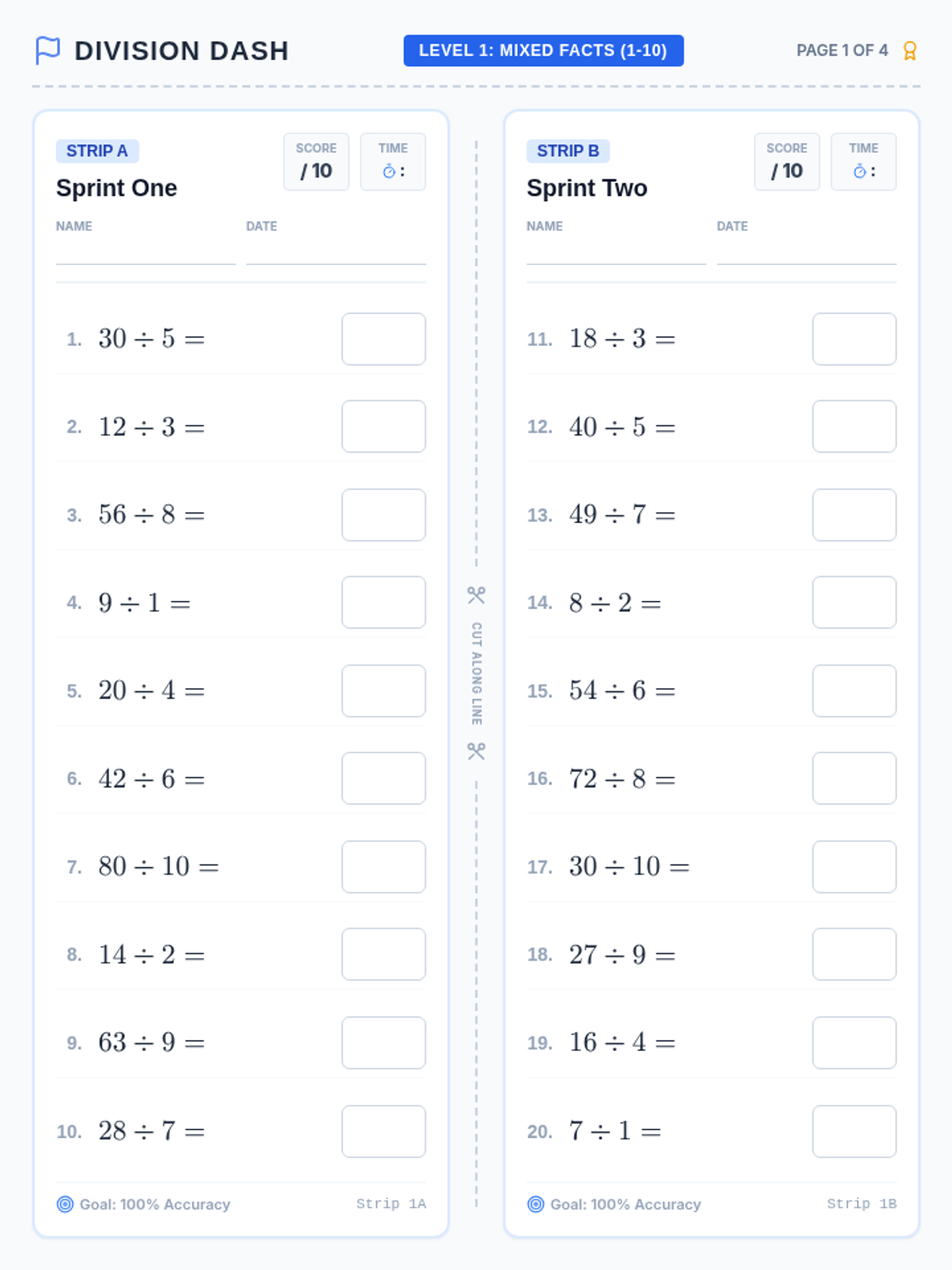 Division Dash Strip 1 Worksheet