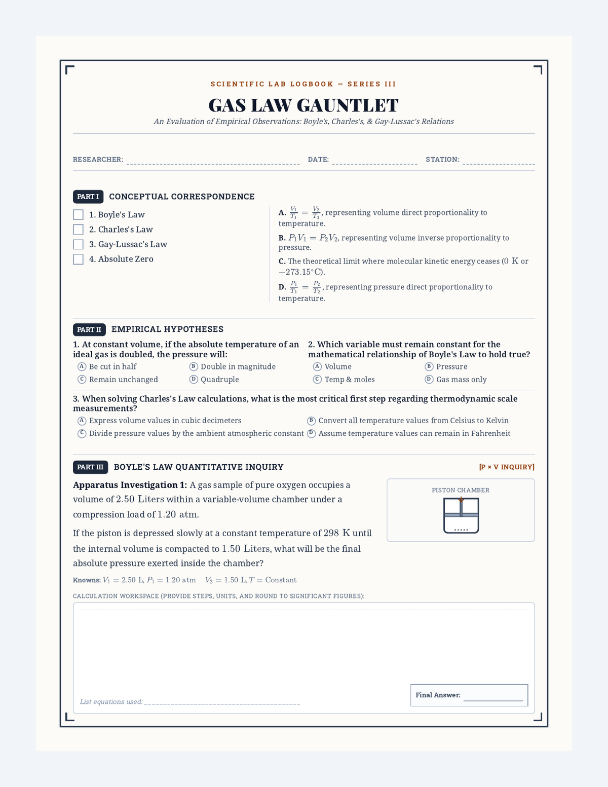 Gas Law Quiz Worksheet page 1