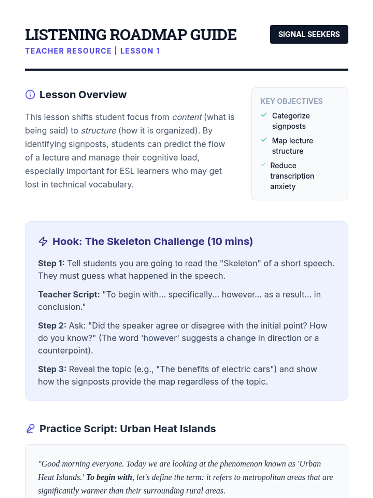 Listening Roadmap Teacher Guide
