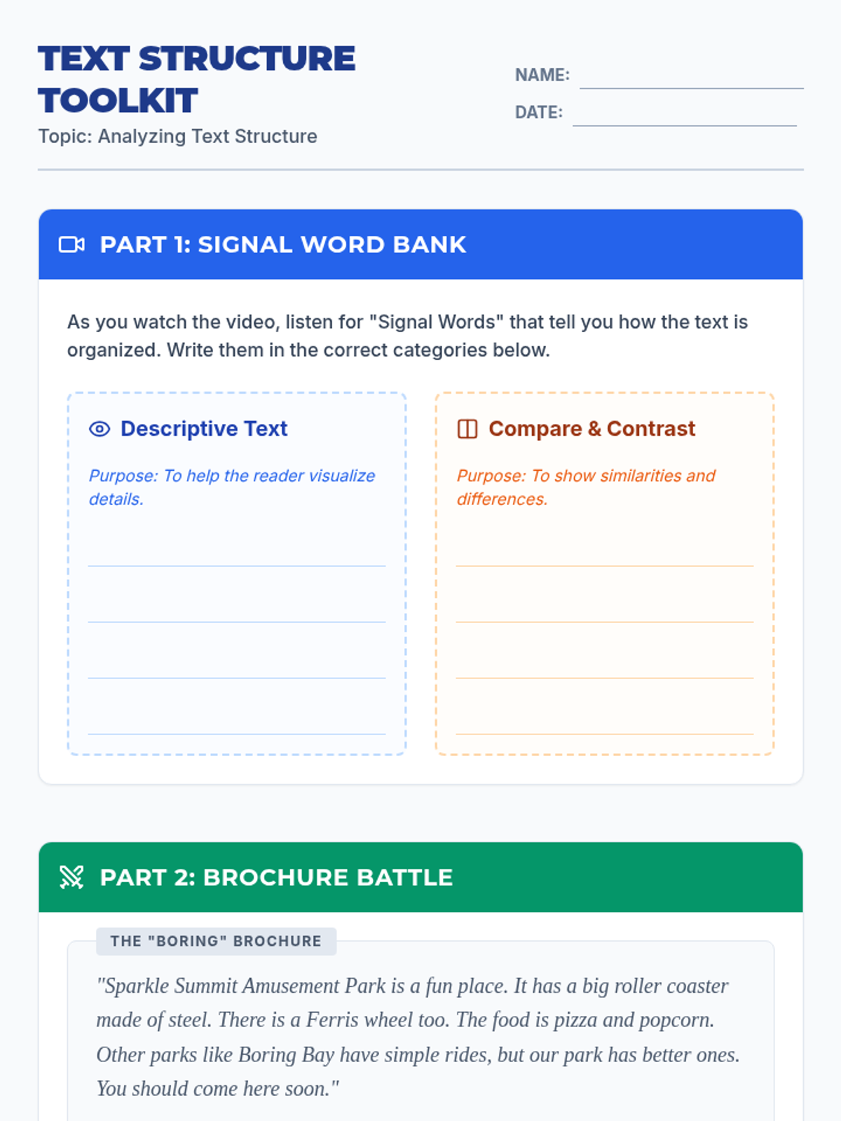 Text Structure Toolkit Worksheet • Material • Lenny Learning