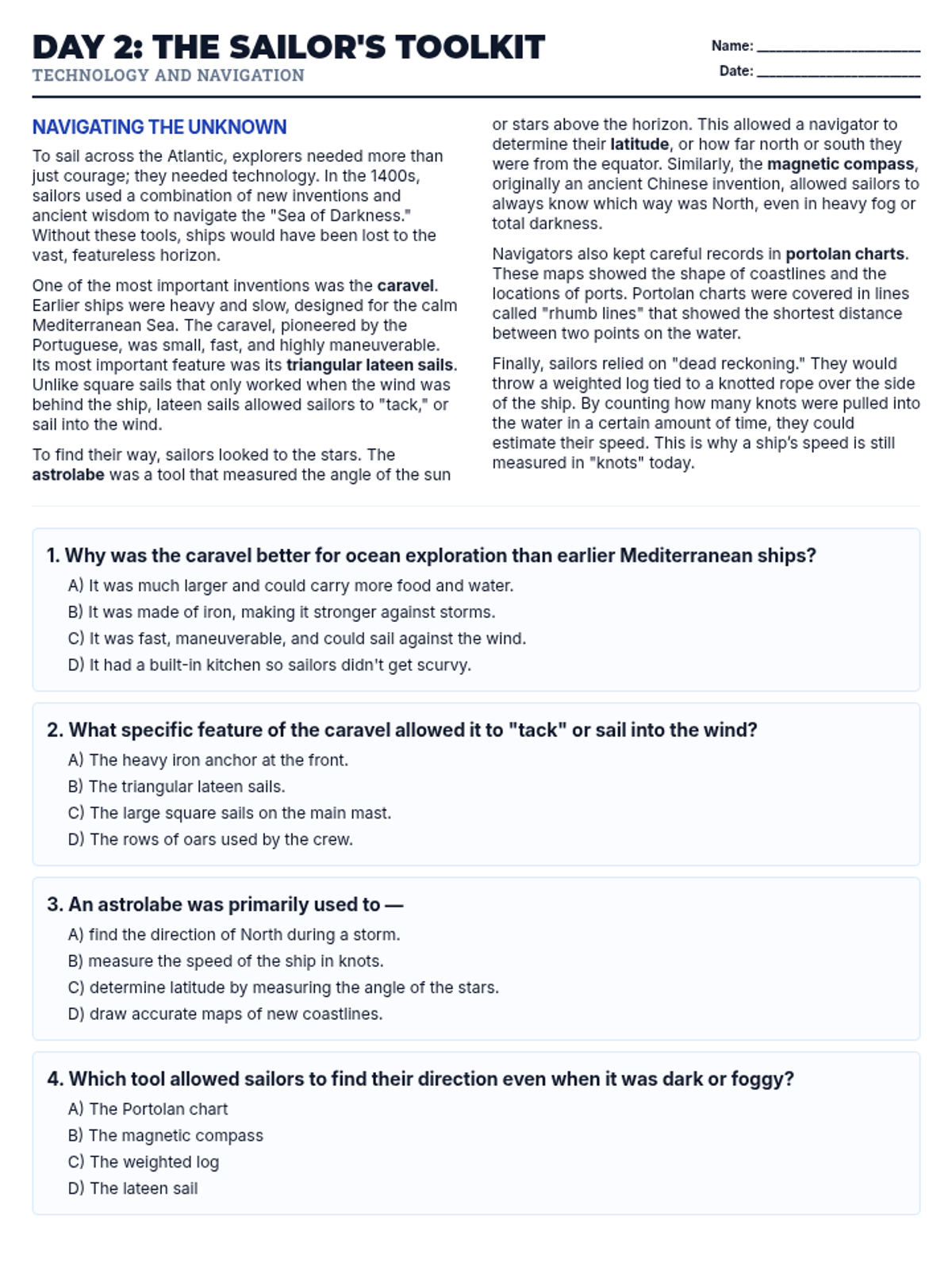 Day 2 Sailors Survival Kit Worksheet