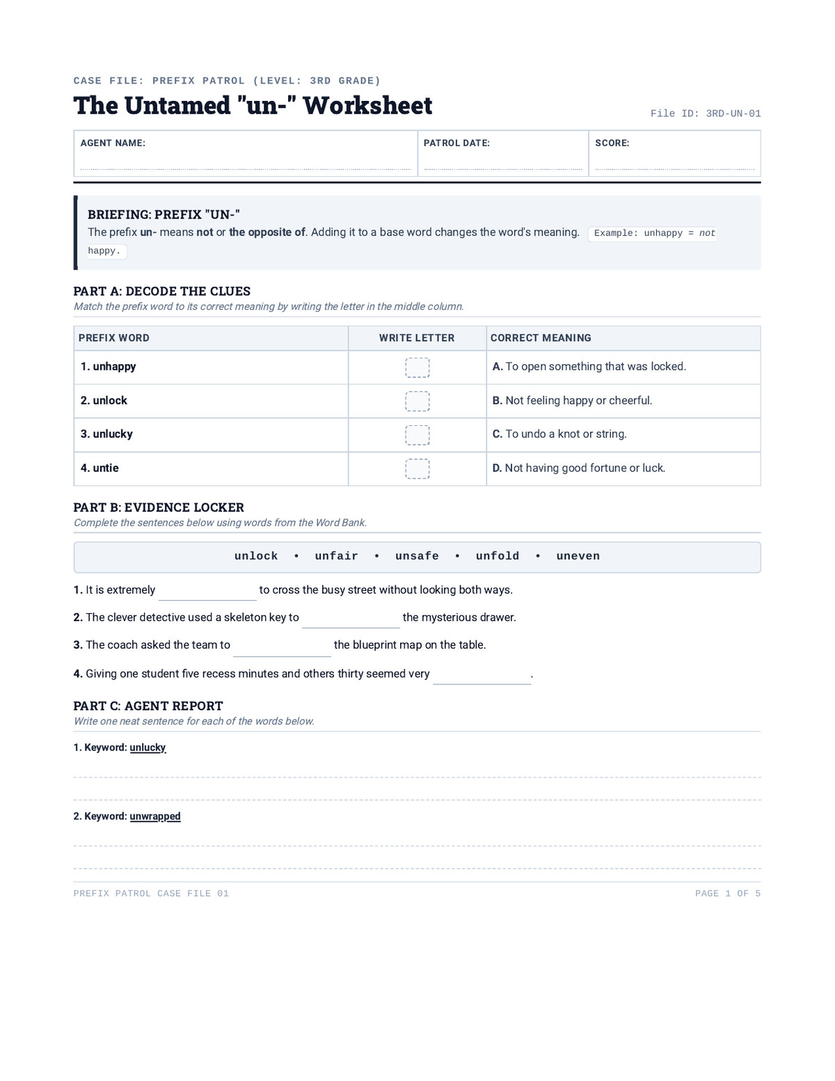 Prefix Patrol Un Worksheet page 1