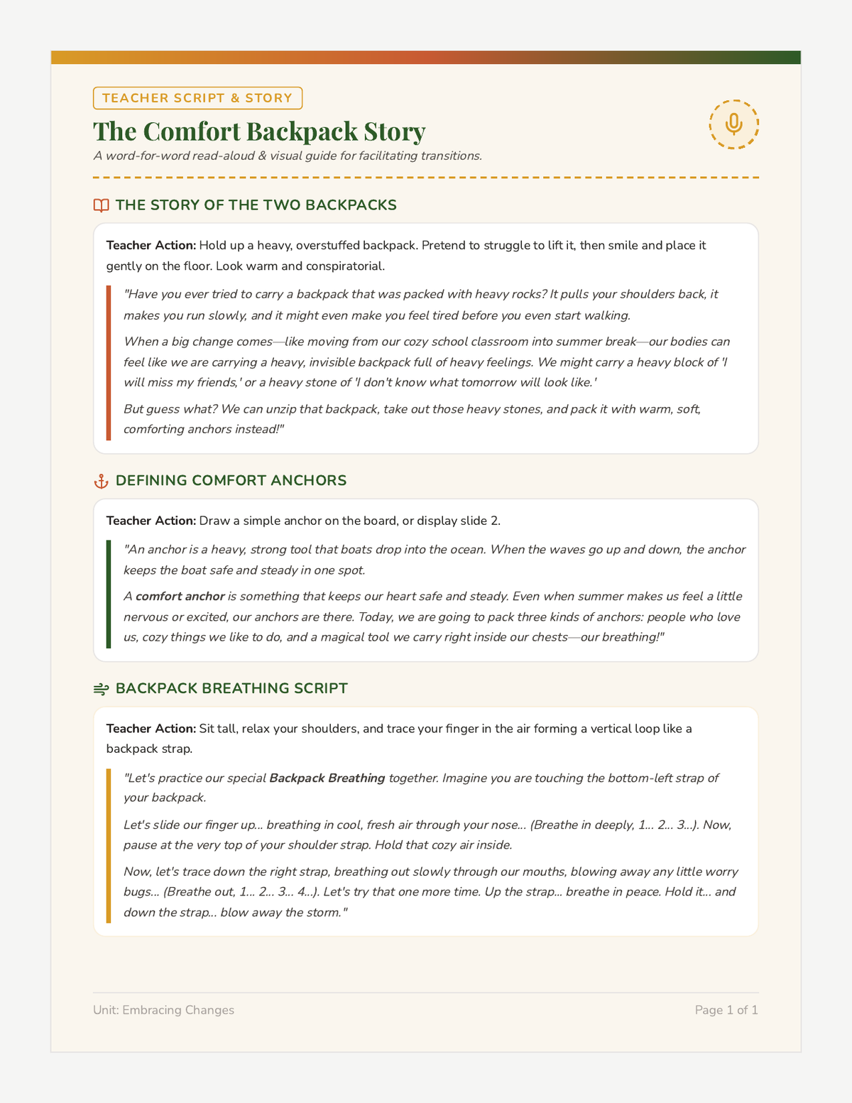 Comfort Backpack Read Aloud Script page 1