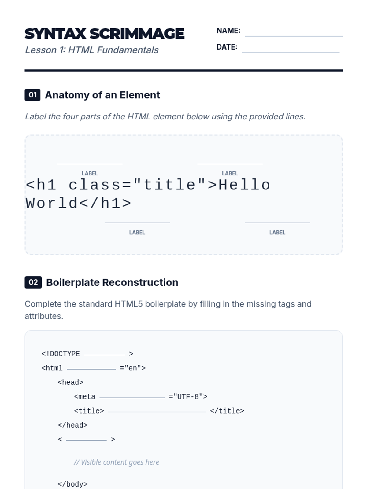 Syntax Scrimmage Worksheet