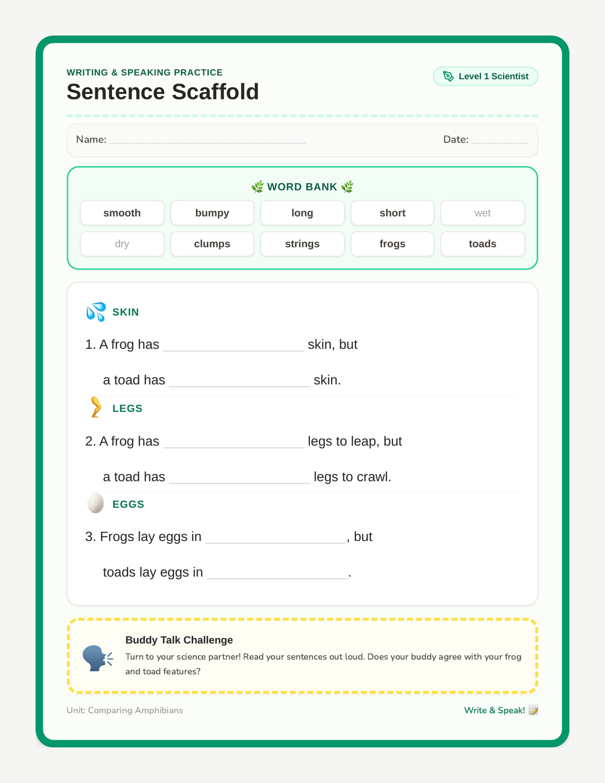 Sentence Scaffold Worksheet page 1