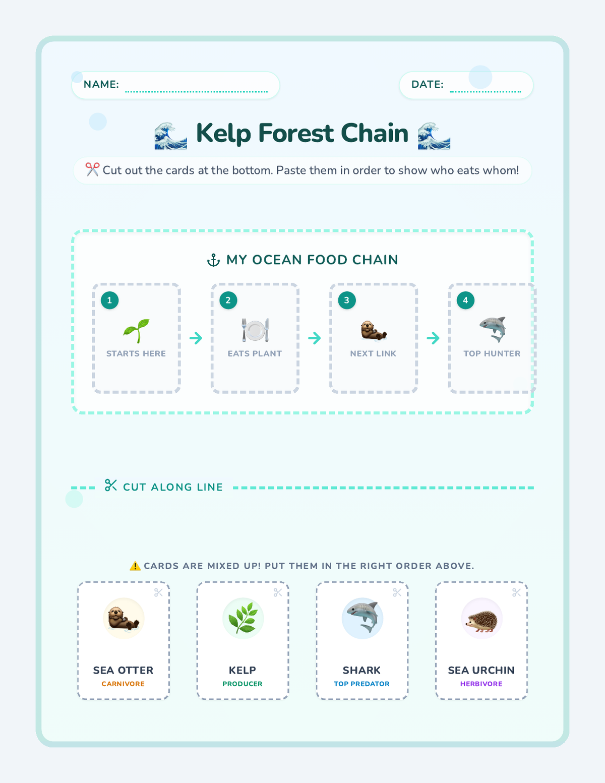 Kelp Forest Chain Worksheet page 1