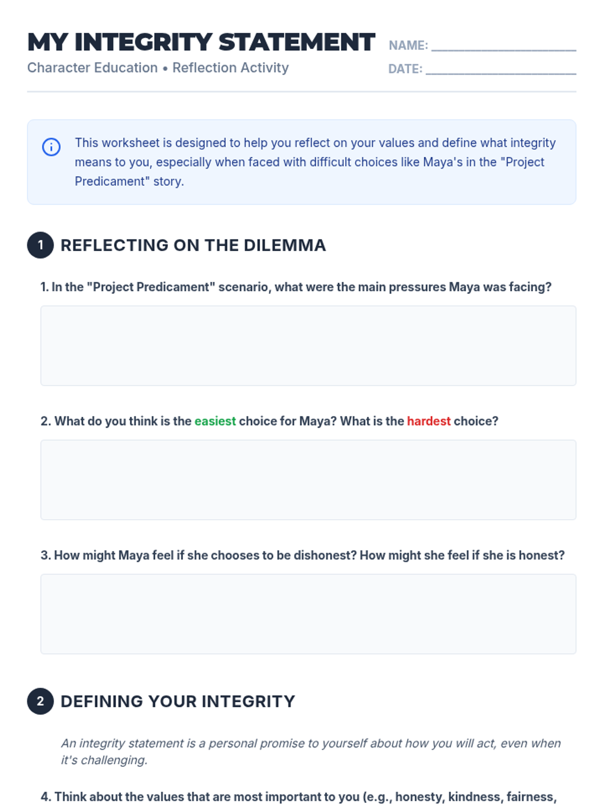 Integrity Statement Template Worksheet Student Facing • Material ...