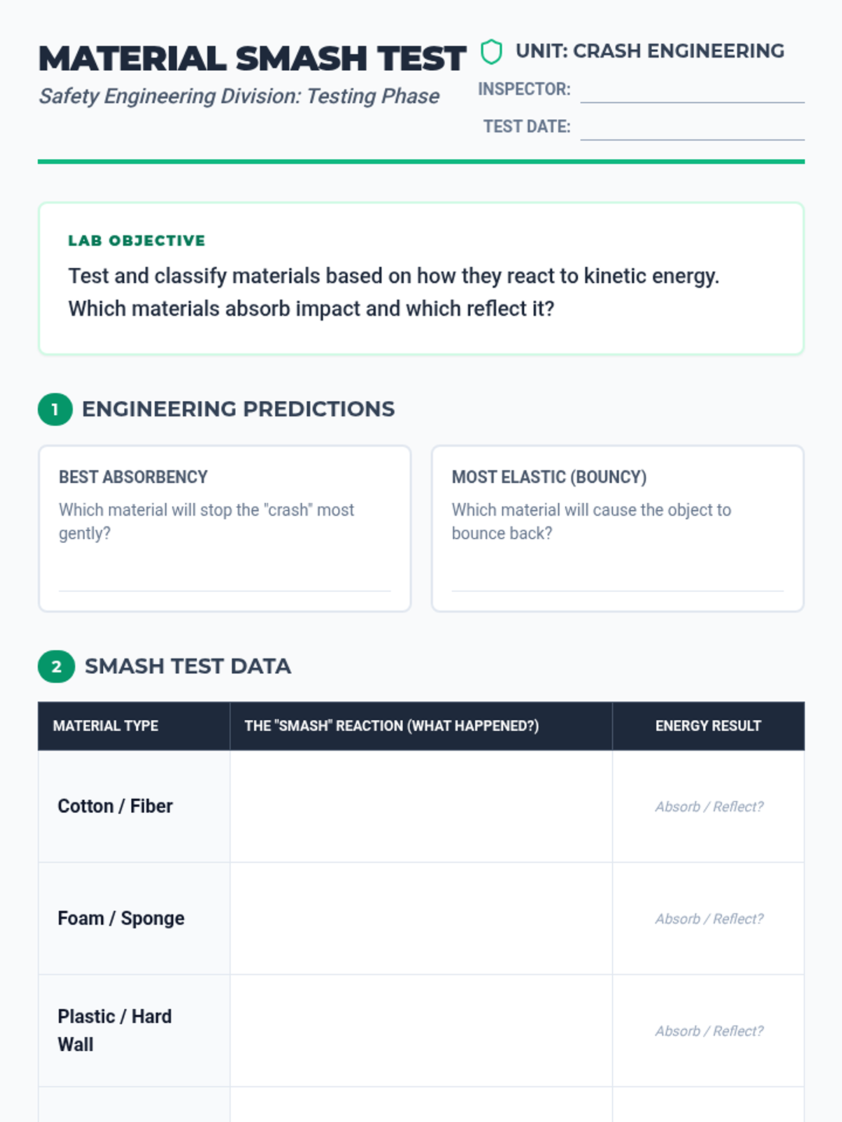 Material Smash Test Lab Sheet • Material • Lenny Learning