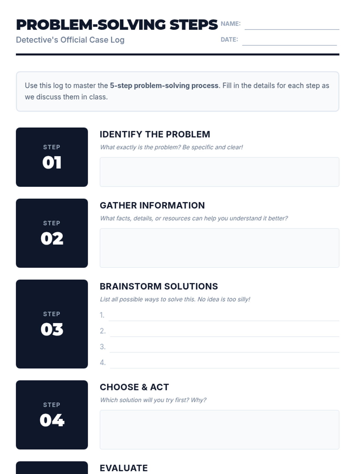 Problem-Solving Steps Worksheet • Material • Lenny Learning