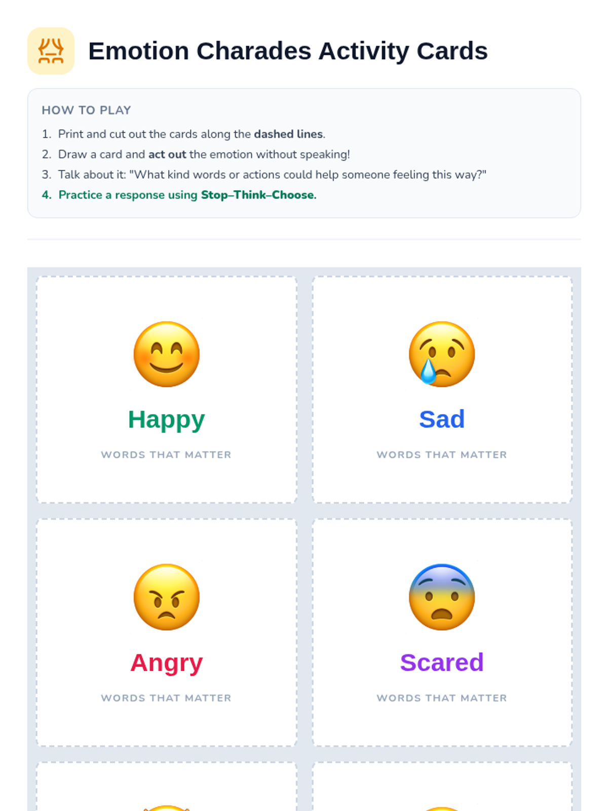 Emotion Charades Activity Cards • Material • Lenny Learning