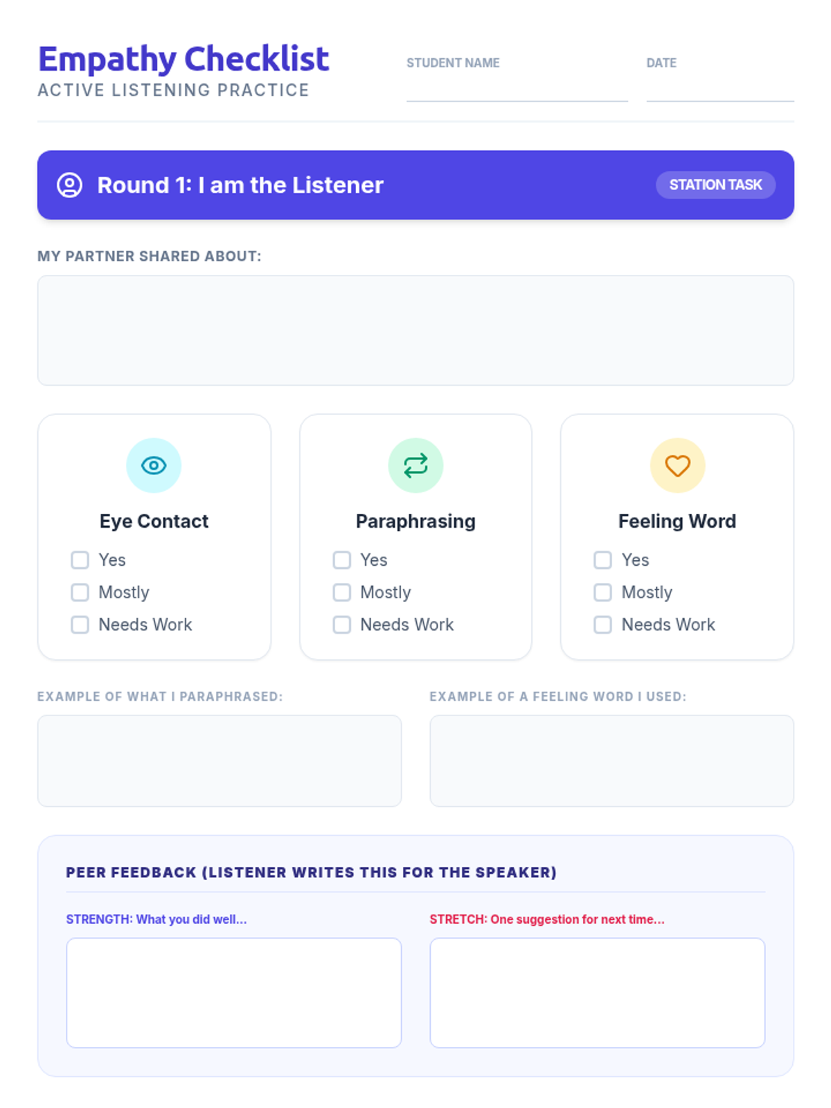 Empathy Checklist Worksheet • Material • Lenny Learning