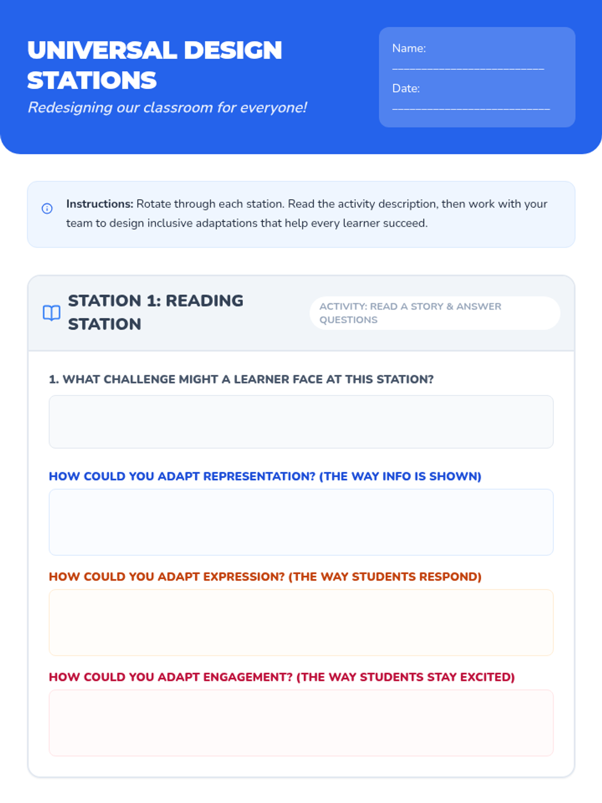 Universal Design Stations Worksheet • Material • Lenny Learning