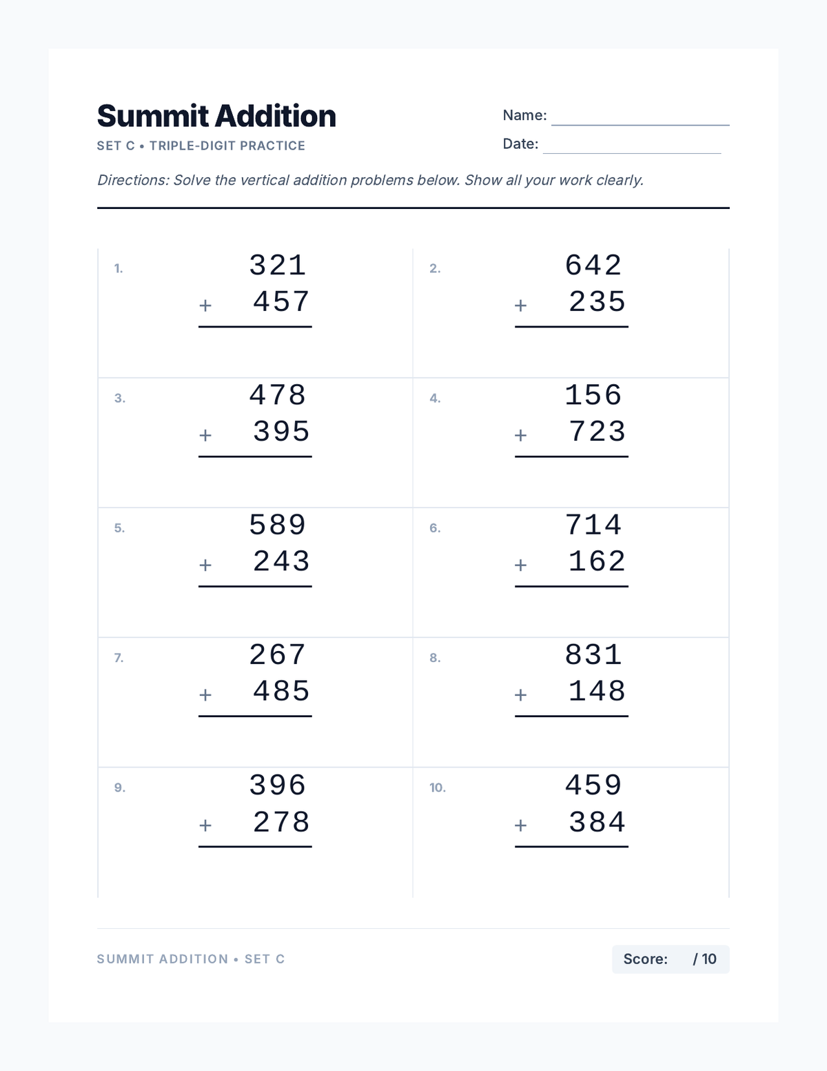 Summit Addition Worksheet 3 page 1