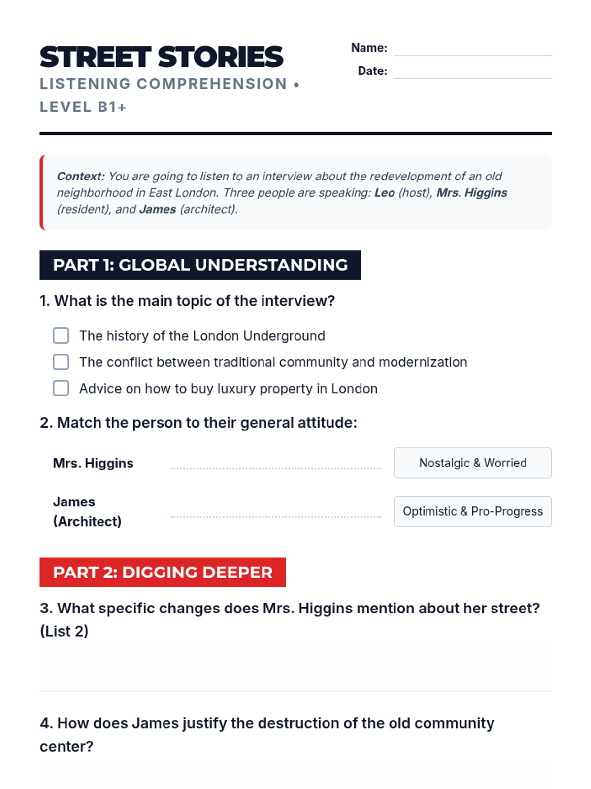 Street Stories Worksheet