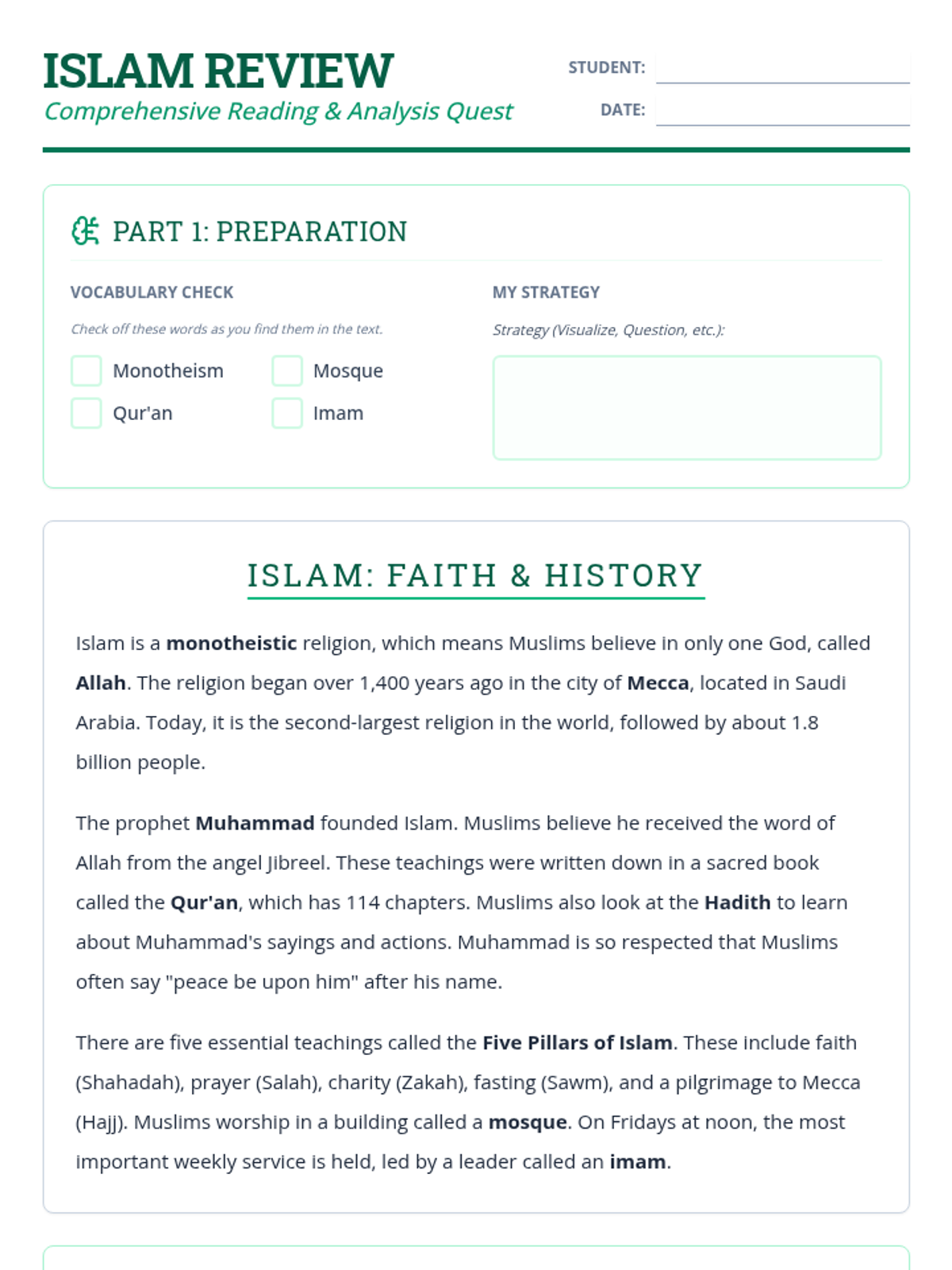 Islam Review Worksheet