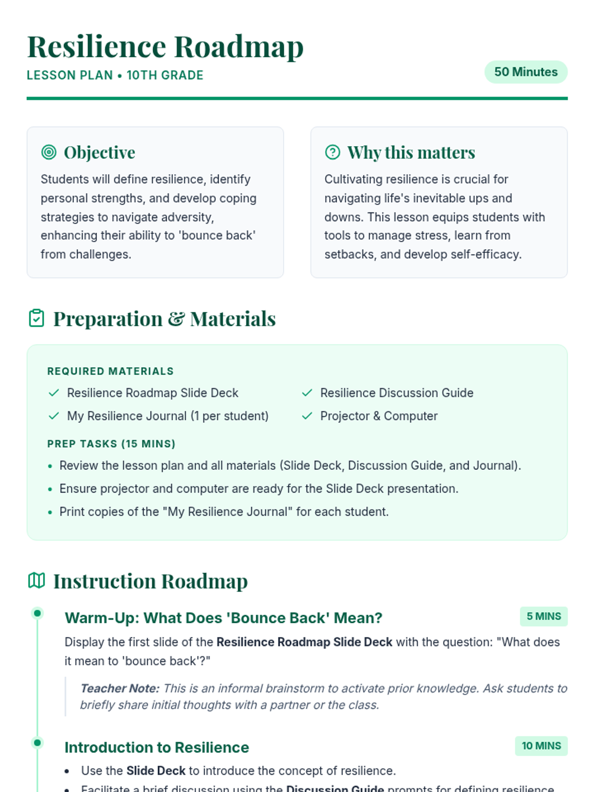 Resilience Roadmap Teacher Guide • Material • Lenny Learning