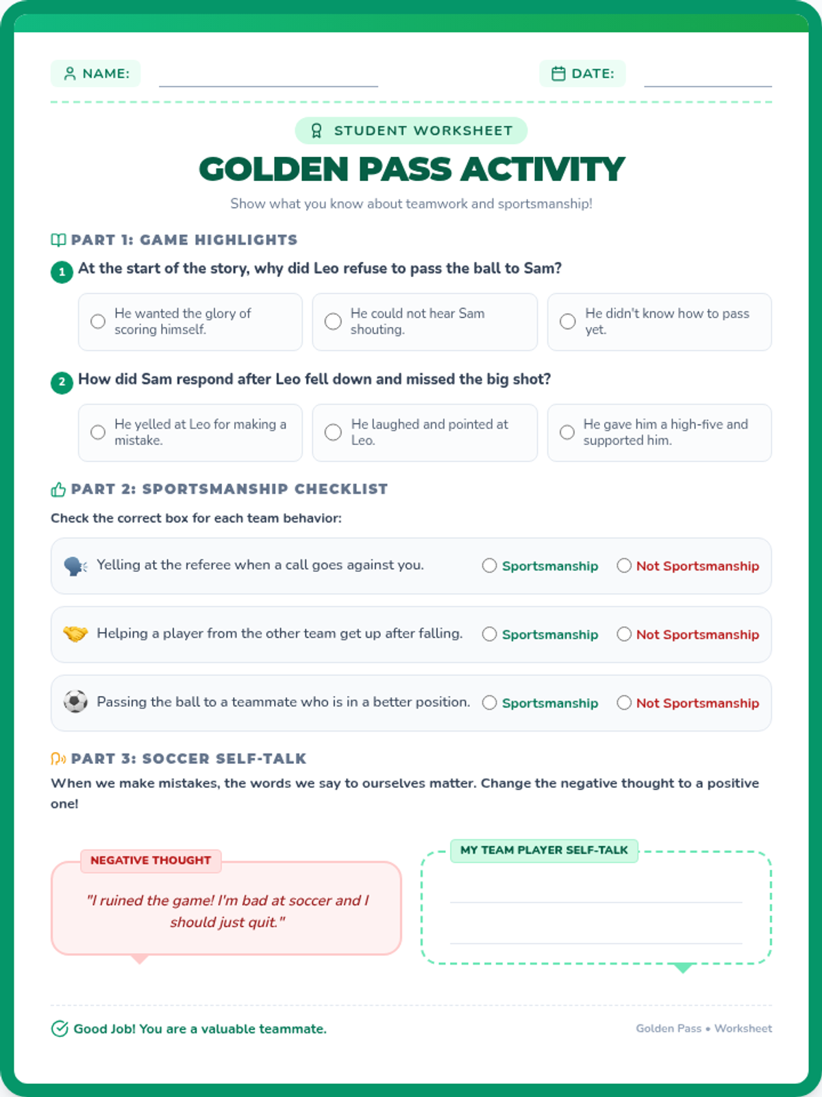 Golden Pass Worksheet