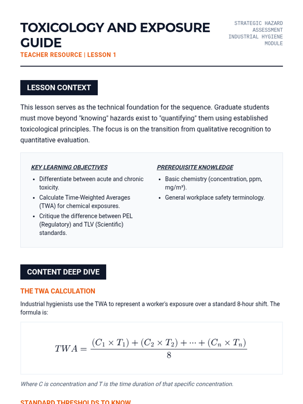 Toxicology and Exposure Teacher Guide