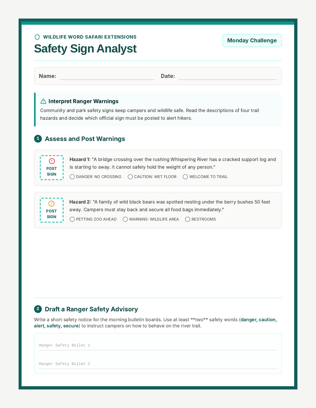 Wildlife Word Safari Extensions Worksheet page 1