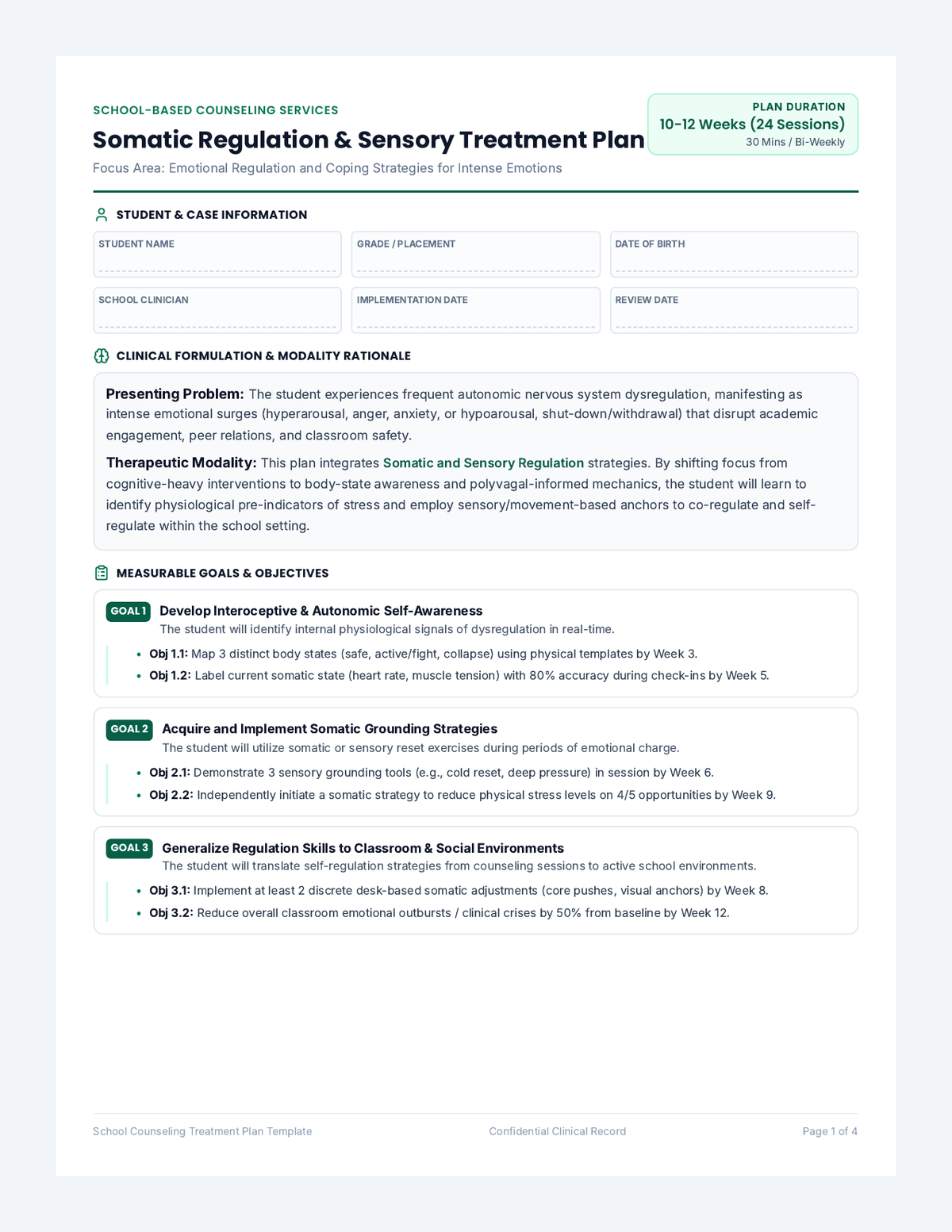 Somatic Regulation Treatment Plan page 1