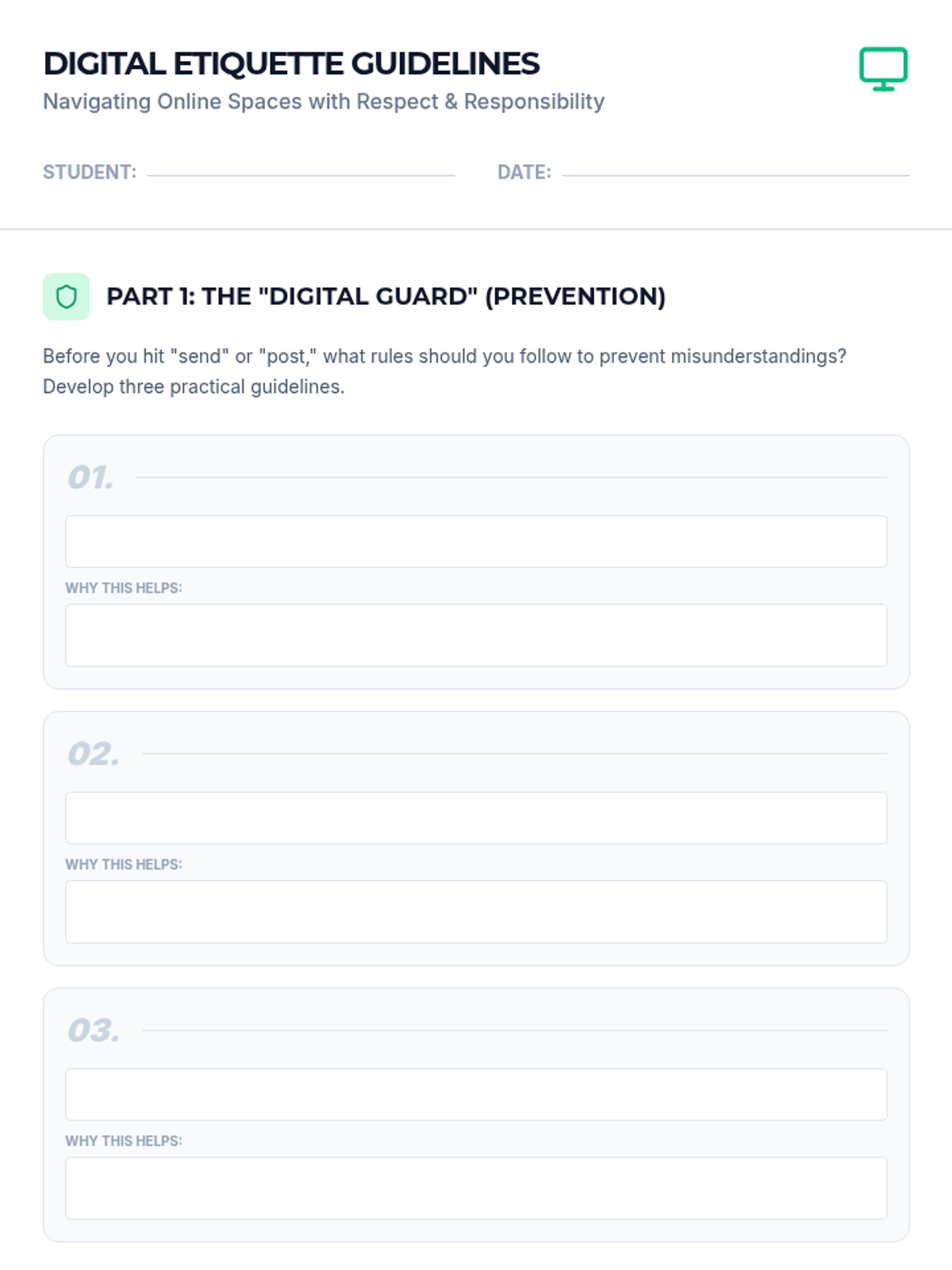 Digital Etiquette Guidelines Worksheet • Material • Lenny Learning