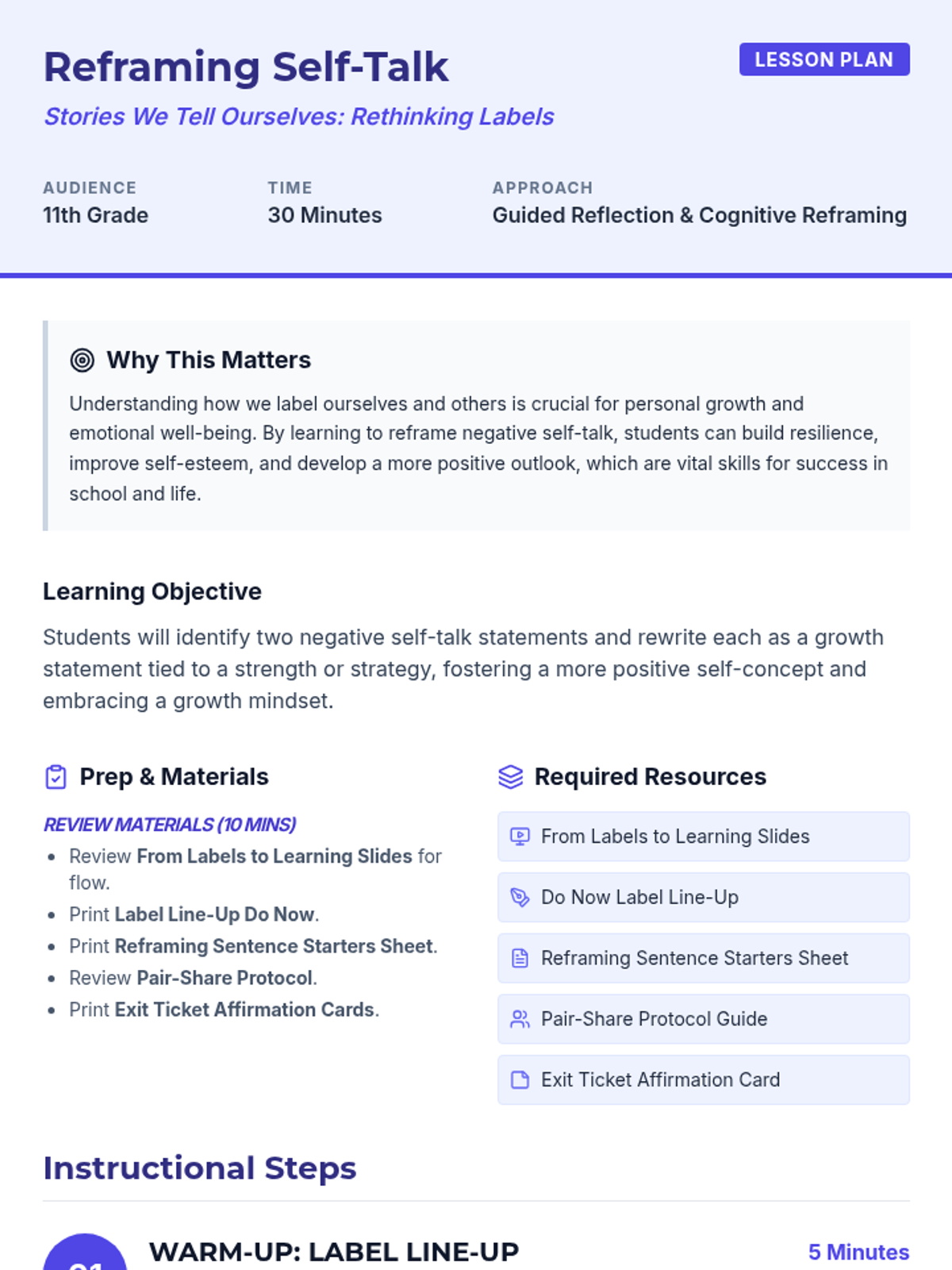 Reframing Lesson Reframing Self-Talk Lesson Plan • Material • Lenny Learning