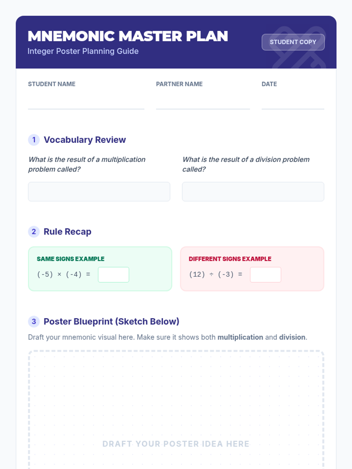 Mnemonic Master Plan Worksheet • Material • Lenny Learning