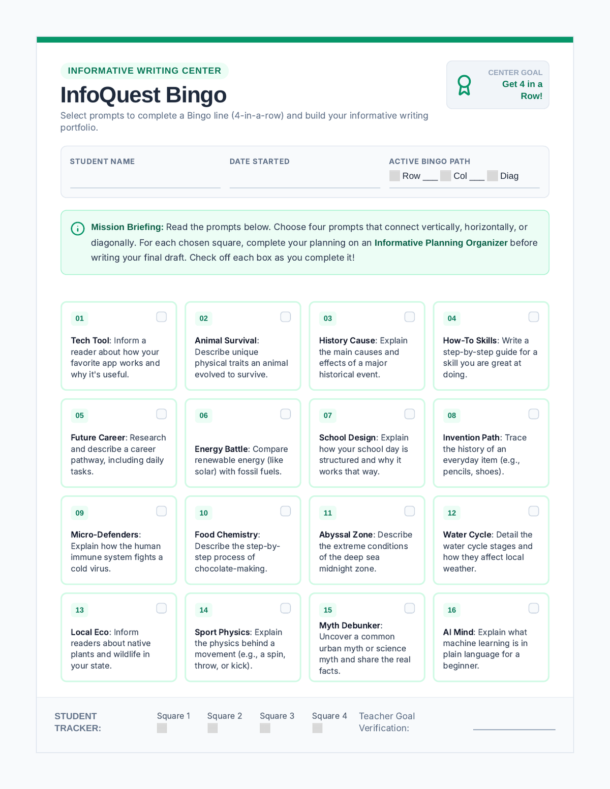 Informative Bingo Board page 1