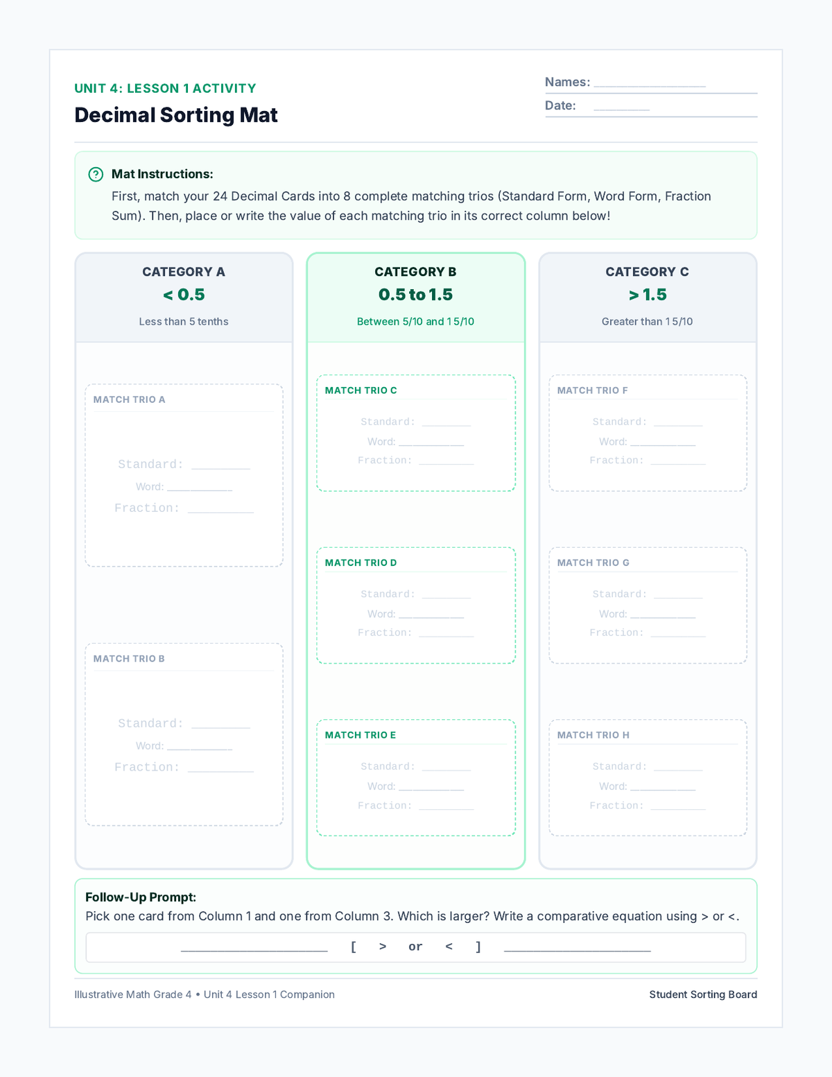 Decimal Sorting Mat page 1