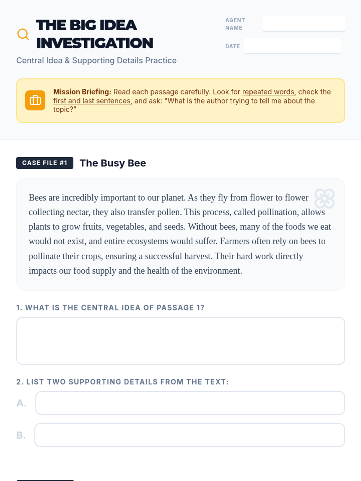 Central Idea Practice Worksheet • Material • Lenny Learning