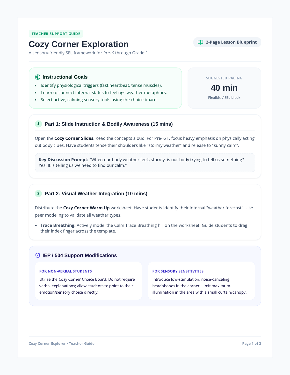 Cozy Corner Teacher Guide page 1