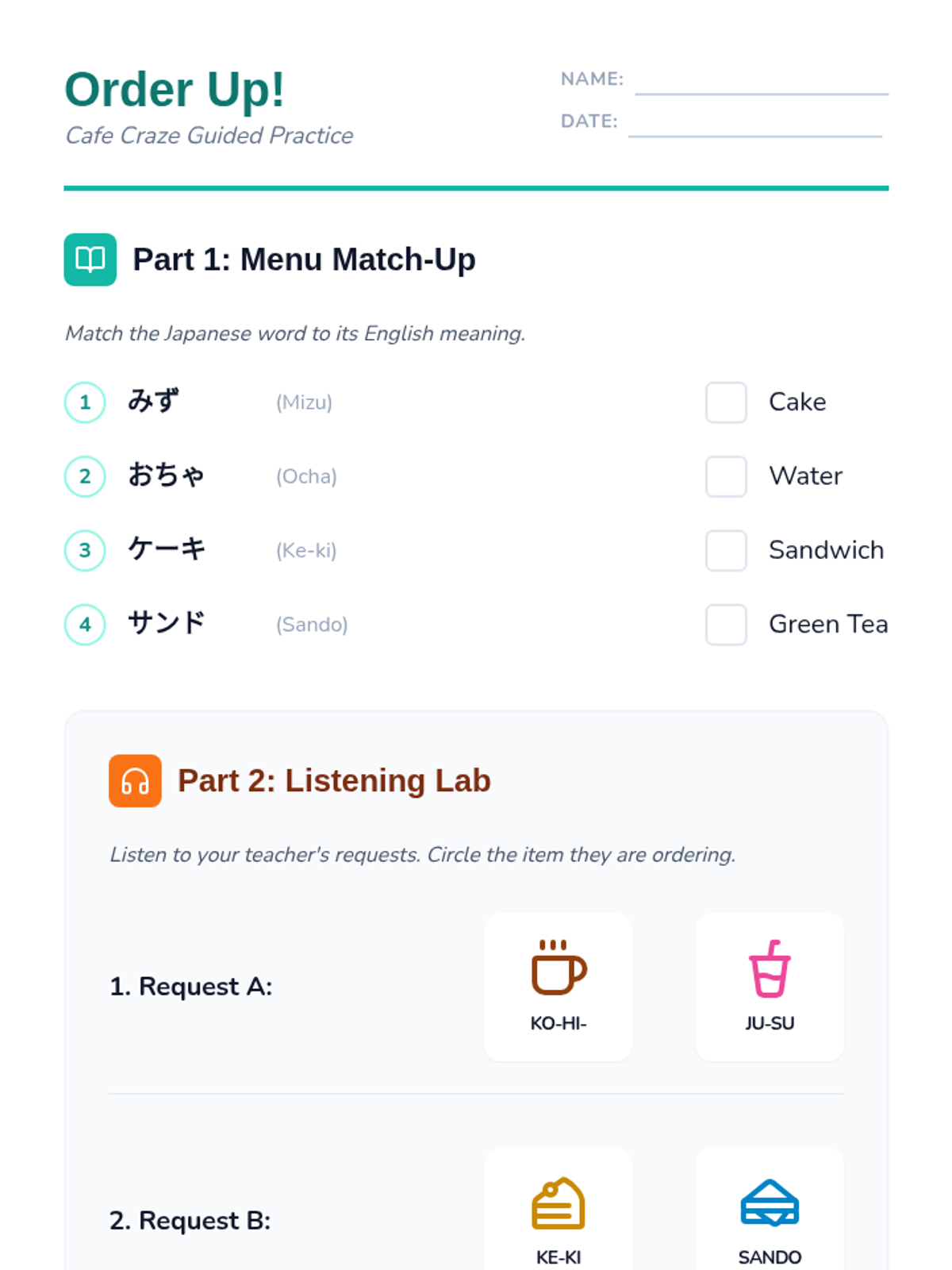 Order Up Worksheet