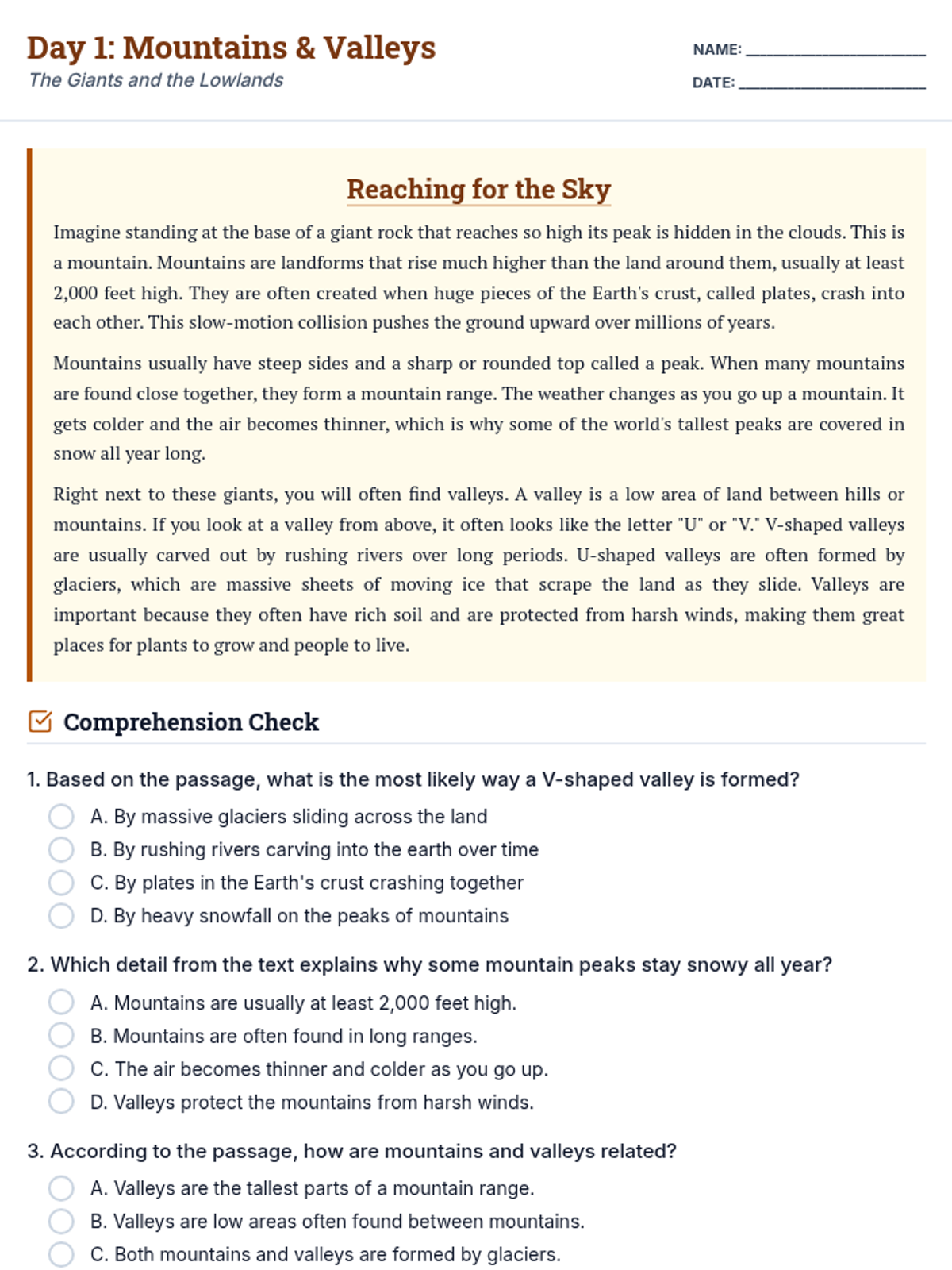 Mountain Valley Reading Questions
