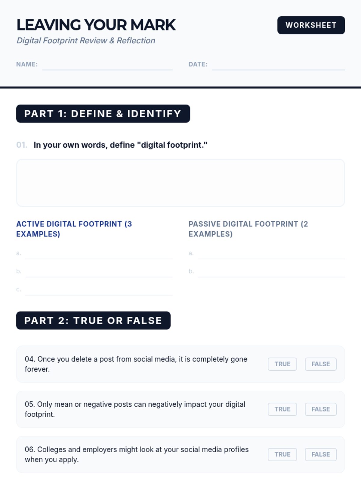 Digital Footprint Worksheet • Material • Lenny Learning
