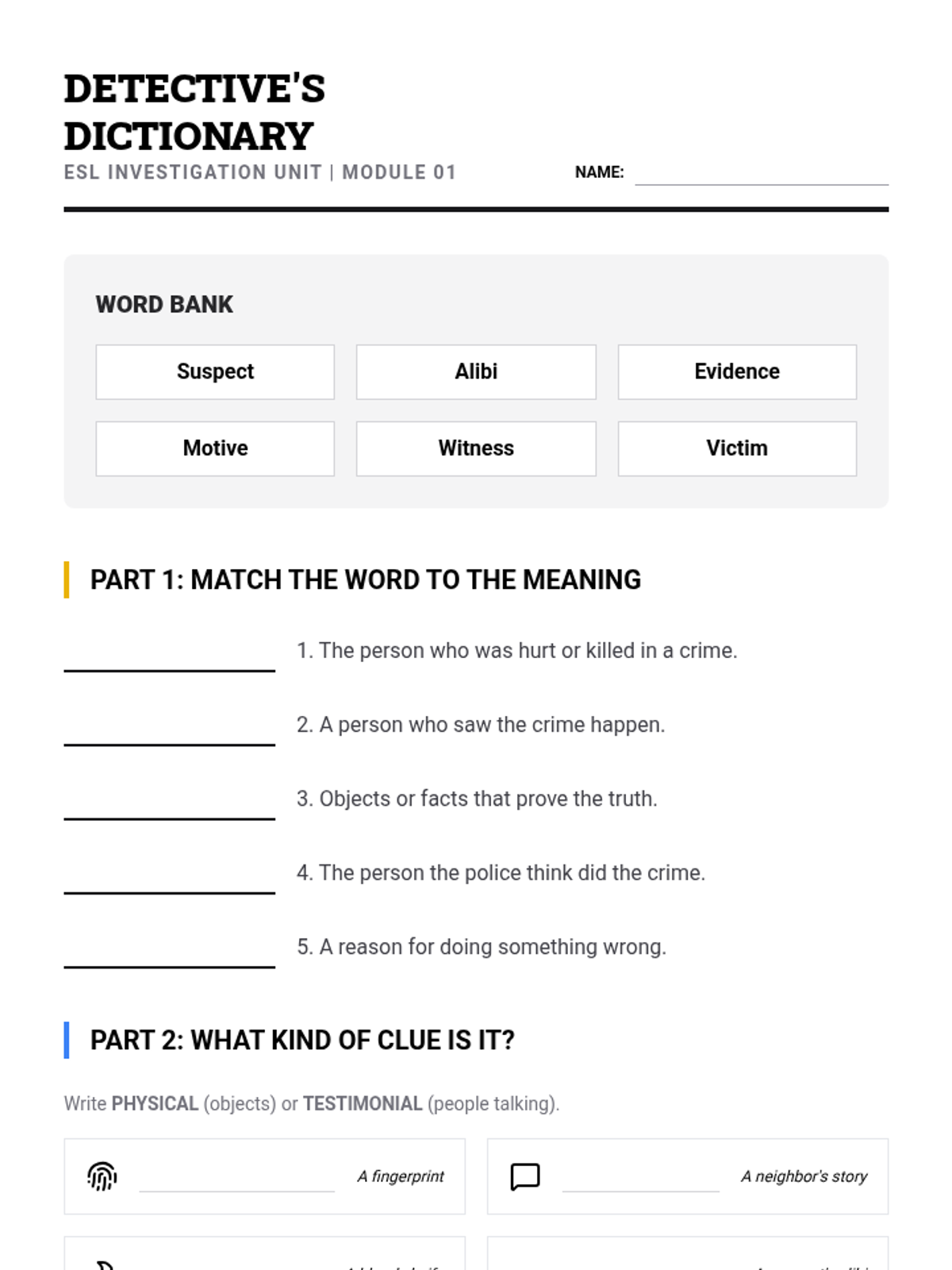 Detective Vocab Worksheet